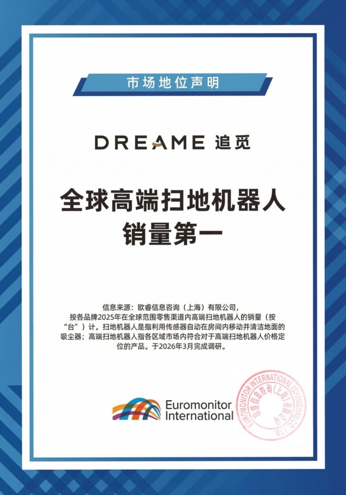 欧睿国际权威认证：追觅全球高端扫地机器人销量第一！